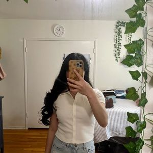 Collar short sleeve button up top